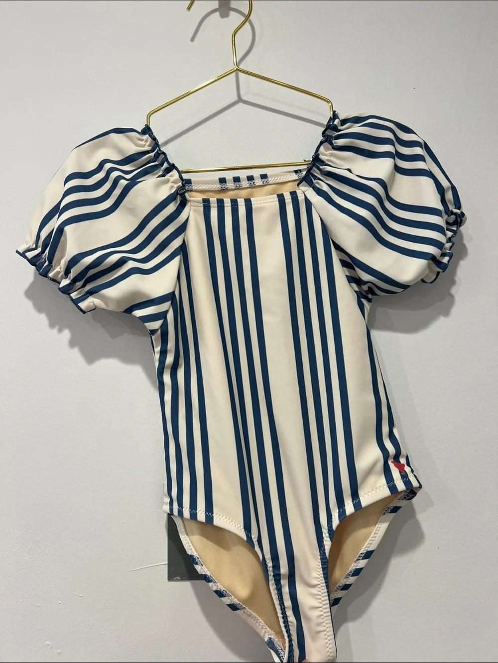 Pink Chicken Navy and Cream Striped Puff-Sleeve One-Piece